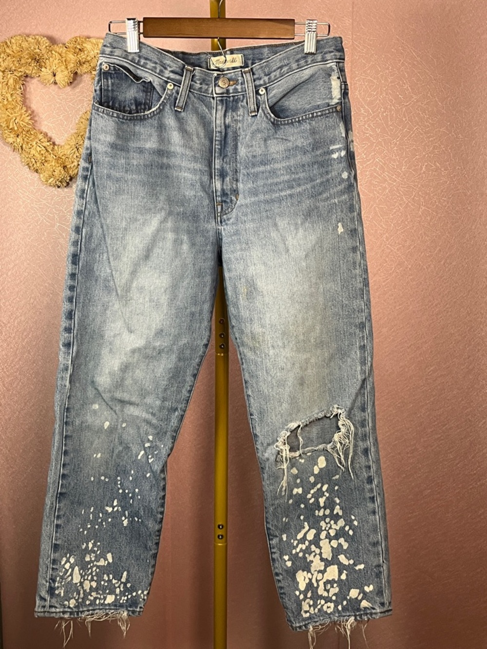 Madewell Light Blue Distressed Straight-Leg Jeans with White Paint Splatter